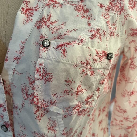 GUESS Los Angeles Women's Ivory/Pink Floral Snap closure Roll up Sleeves Top S - Picture 5 of 11